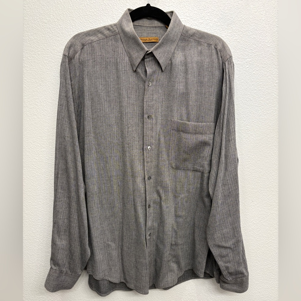 Donna Karan New York Gray Herringbone 100% Cotton Pocketed Shirt Size 16 - 34/35